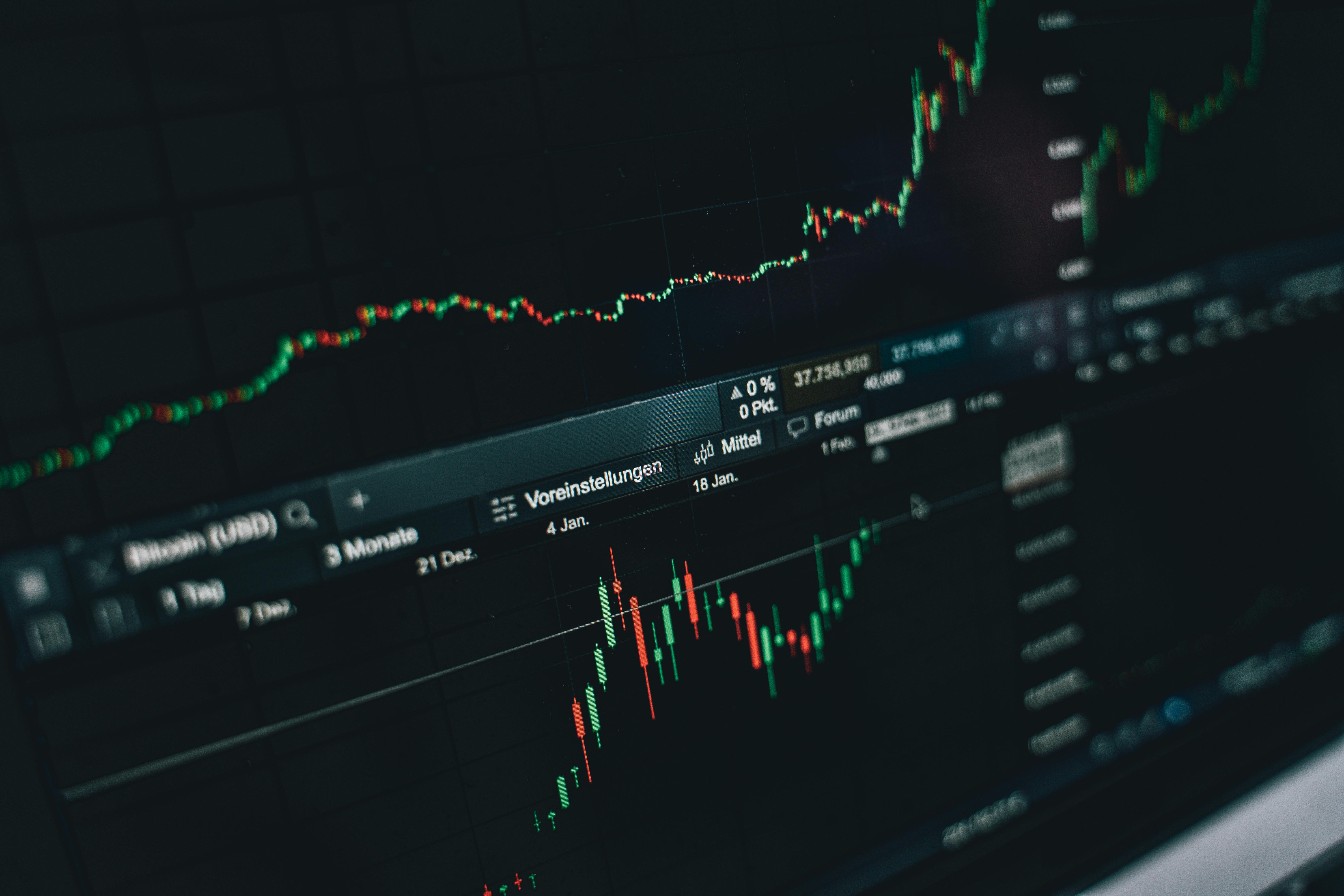 Financial services — trading screens, financial charts, corporate banking environment
